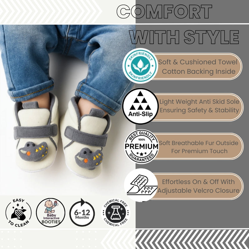 6 To 12 Months Baby Boys & Girls Animal Face Booties (Off White,Grey)-BT5029