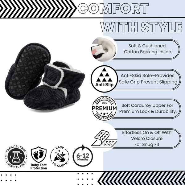 Baby Unisex Corduroy Velcro Booties (Black)-BT5030