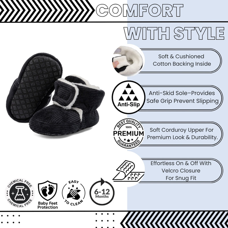 Baby Unisex Corduroy Velcro Booties (Black)-BT5030
