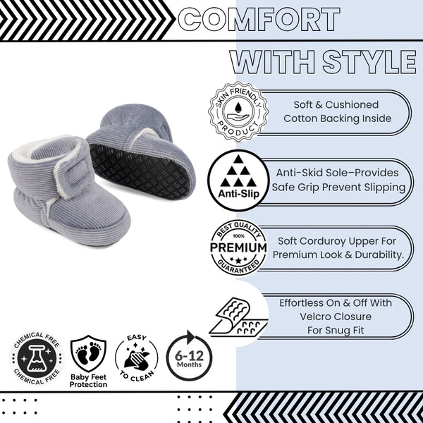 Baby Unisex Corduroy Velcro Booties (Grey)-BT5032