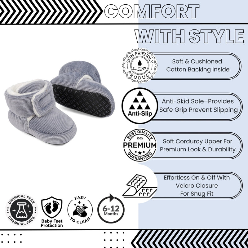 Baby Unisex Corduroy Velcro Booties (Grey)-BT5032