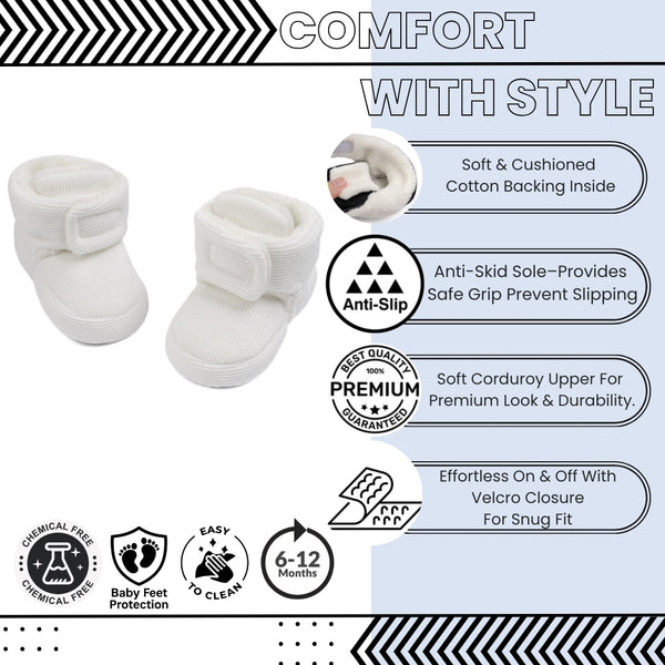 Baby Unisex Corduroy Velcro Booties (White)-BT5033
