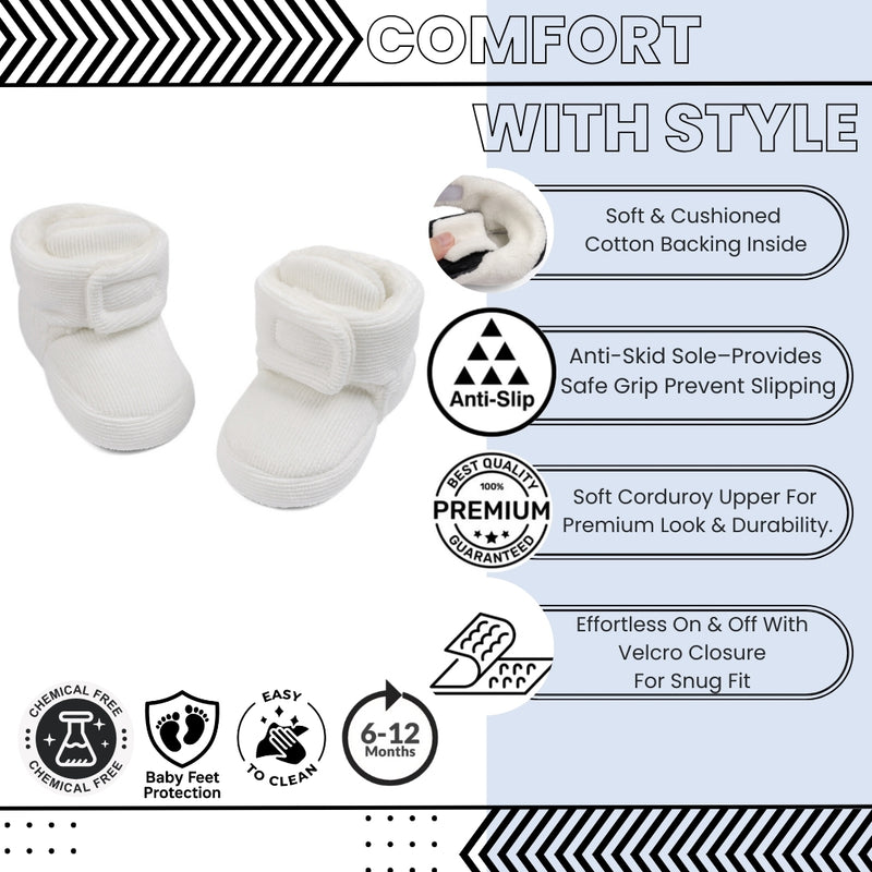 Baby Unisex Corduroy Velcro Booties (White)-BT5033