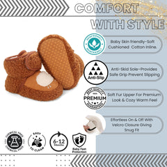 Baby Unisex Fur Animal Print Velcro Booties (Brown)-BT5034