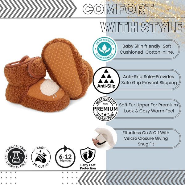 Baby Unisex Fur Animal Print Velcro Booties (Brown)-BT5034