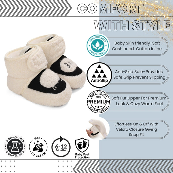 Baby Unisex Fur Animal Print Velcro Booties (Black,White)-BT5035