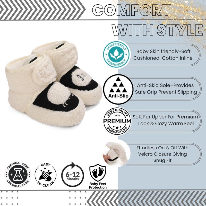 Baby Unisex Fur Animal Print Velcro Booties (Black,White)-BT5035