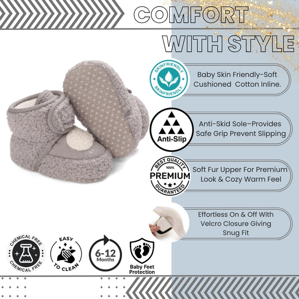 Baby Unisex Fur Animal Print Velcro Booties (Grey)-BT5038