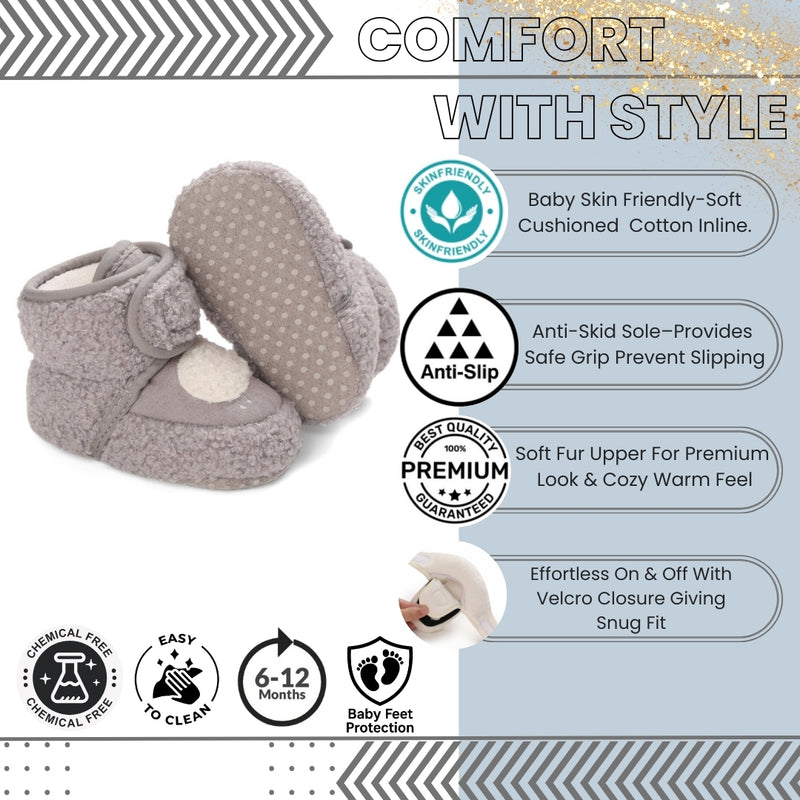 Baby Unisex Fur Animal Print Velcro Booties (Grey)-BT5038
