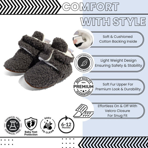 Baby Unisex Fur Velcro Booties (Grey)-BT5042