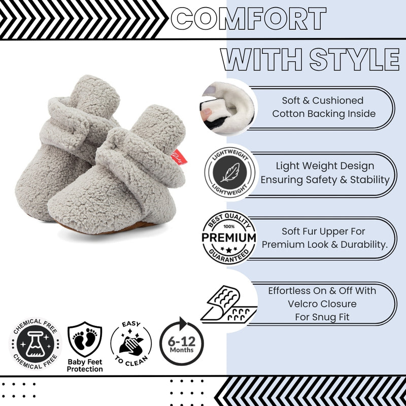 Baby Unisex Fur Velcro Booties (Grey)-BT5044