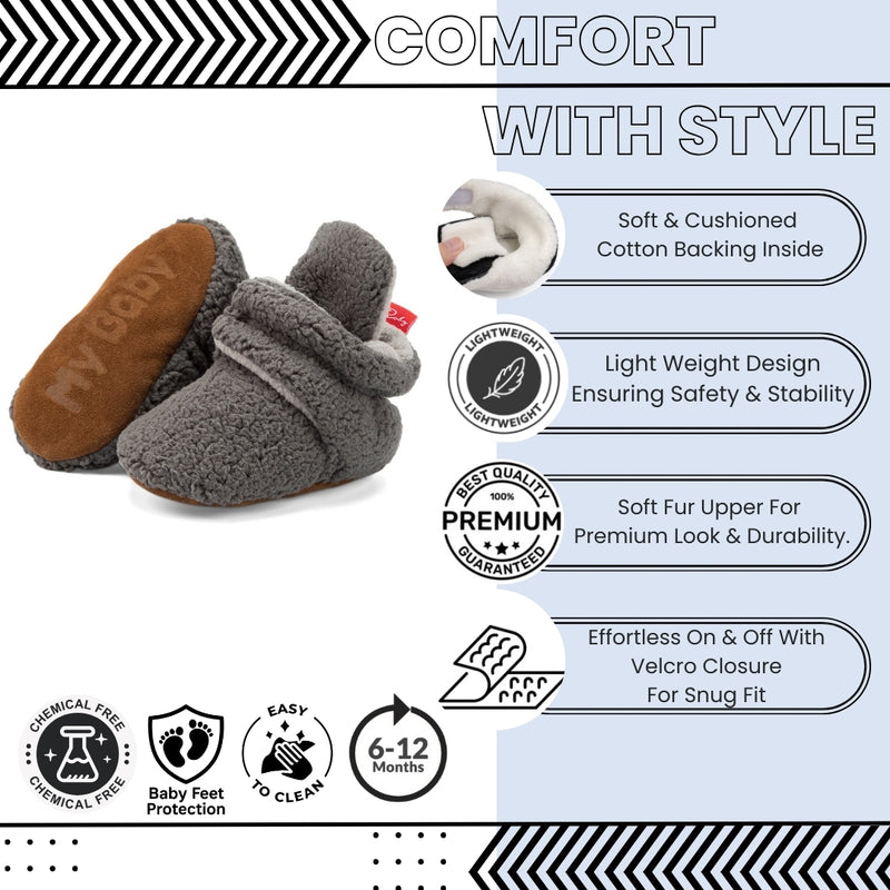 Baby Unisex Fur Velcro Booties (Grey)-BT5045