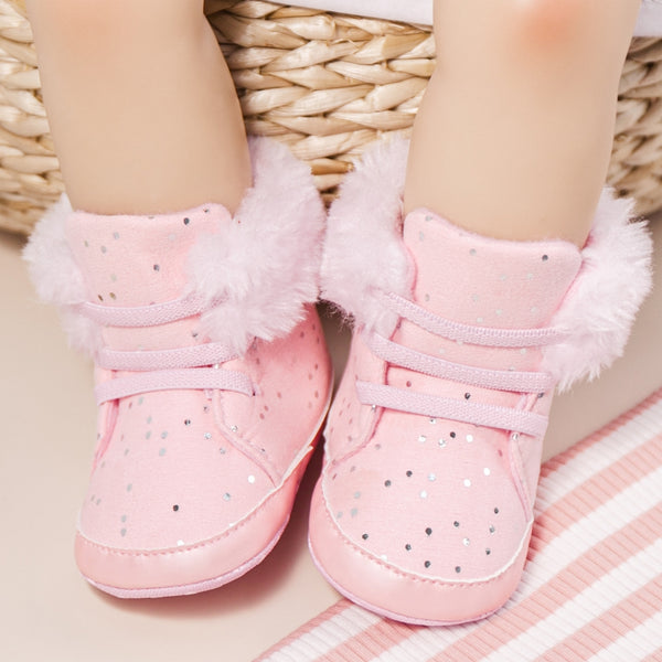 Baby Unisex High Ankle Cotton Fur Lace-Up Booties (Pink)-BT5049