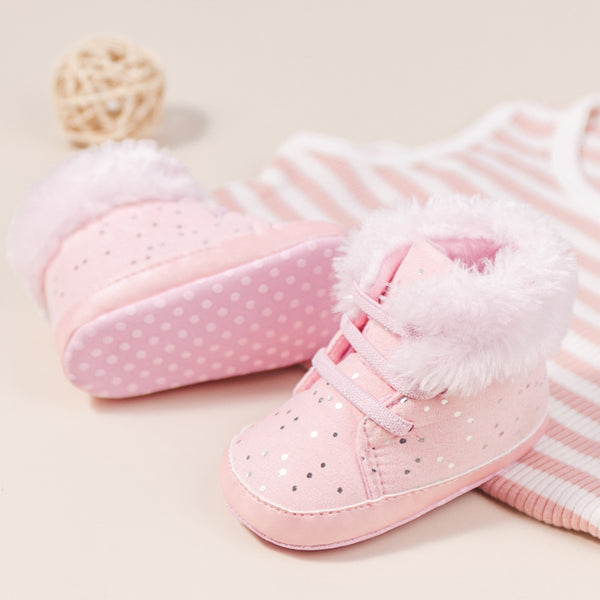 Baby Unisex High Ankle Cotton Fur Lace-Up Booties (Pink)-BT5049