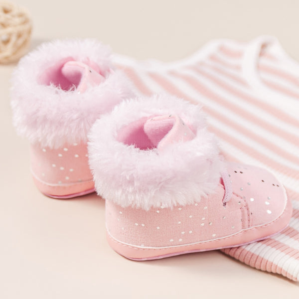 Baby Unisex High Ankle Cotton Fur Lace-Up Booties (Pink)-BT5049