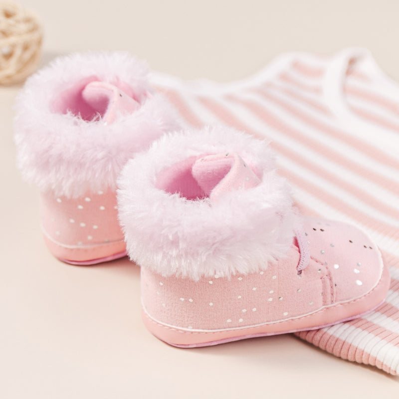 Baby Unisex High Ankle Cotton Fur Lace-Up Booties (Pink)-BT5049