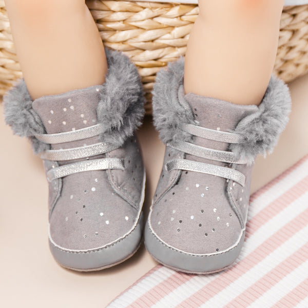 Baby Unisex High Ankle Cotton Fur Lace-Up Booties (Grey)-BT5050