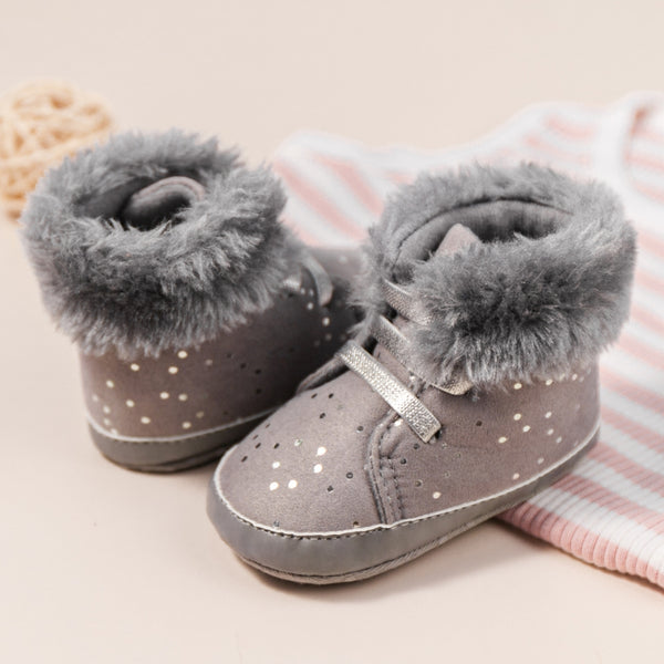 Baby Unisex High Ankle Cotton Fur Lace-Up Booties (Grey)-BT5050