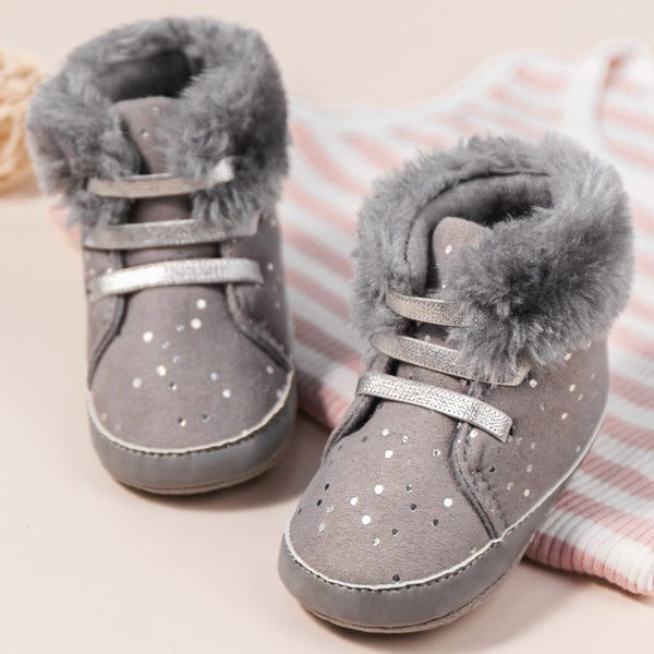 Baby Unisex High Ankle Cotton Fur Lace-Up Booties (Grey)-BT5050