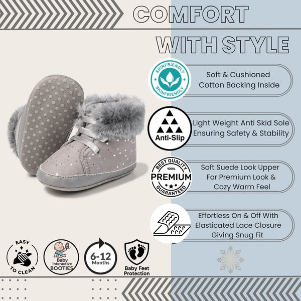 Baby Unisex High Ankle Cotton Fur Lace-Up Booties (Grey)-BT5050
