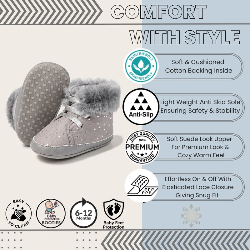Baby Unisex High Ankle Cotton Fur Lace-Up Booties (Grey)-BT5050