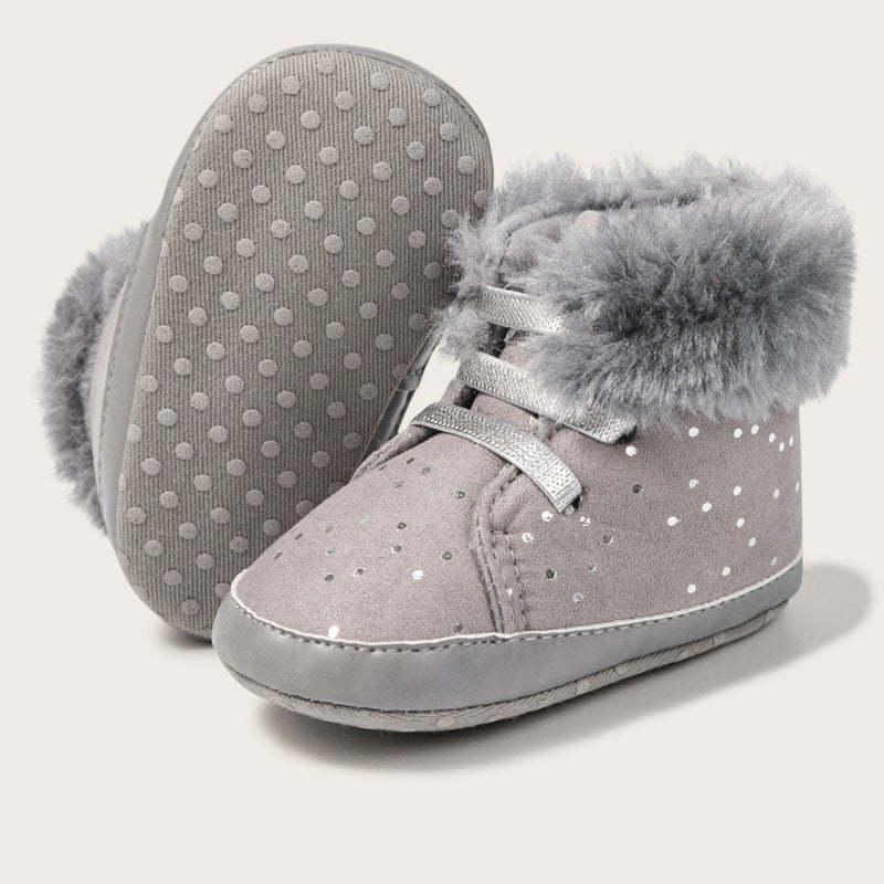 Baby Unisex High Ankle Cotton Fur Lace-Up Booties (Grey)-BT5050