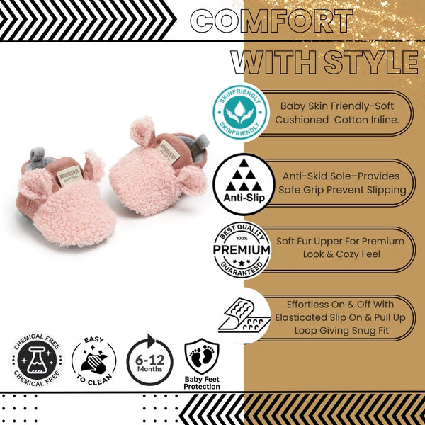 Baby Unisex Fur Animal Print Velcro Booties (Pink)-BT5055