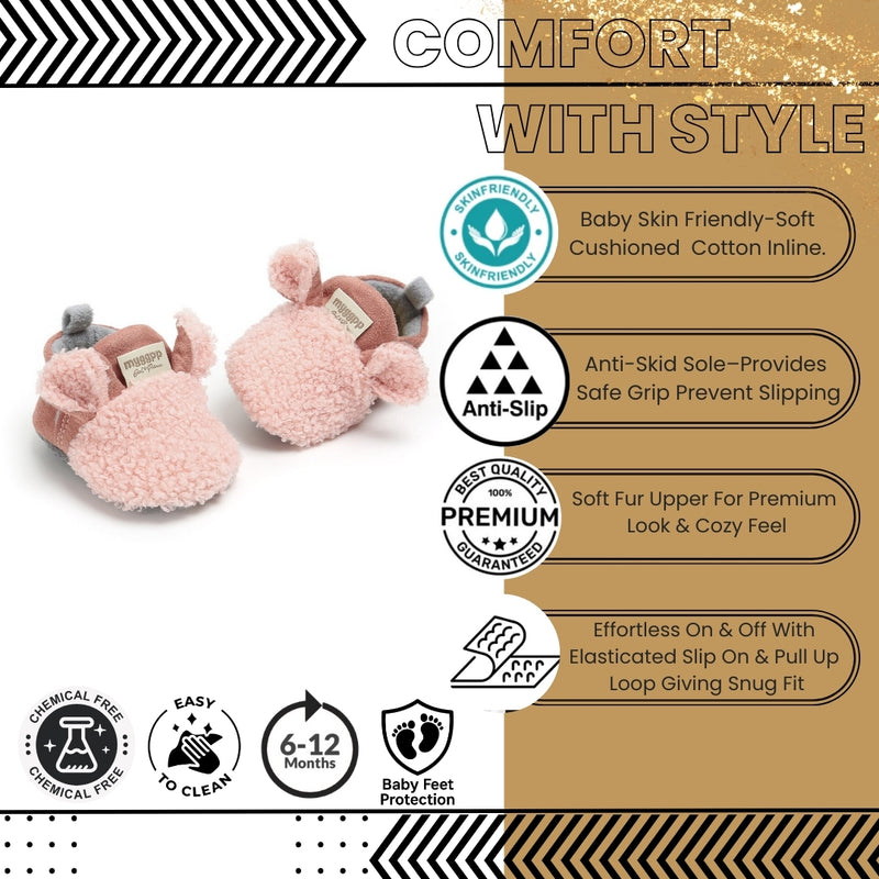 Baby Unisex Fur Animal Print Velcro Booties (Pink)-BT5055