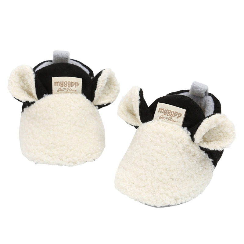 Baby Unisex Fur Animal Print Velcro Booties (White,Black)-BT5056