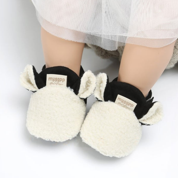 Baby Unisex Fur Animal Print Velcro Booties (White,Black)-BT5056