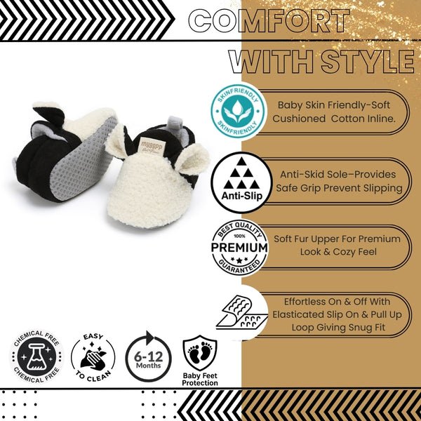 Baby Unisex Fur Animal Print Velcro Booties (White,Black)-BT5056