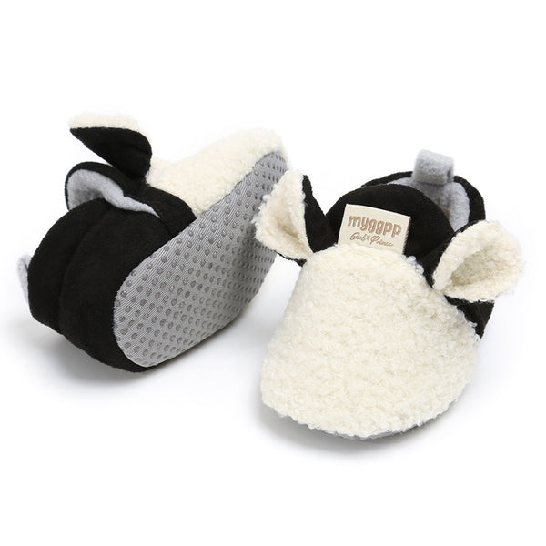 Baby Unisex Fur Animal Print Velcro Booties (White,Black)-BT5056