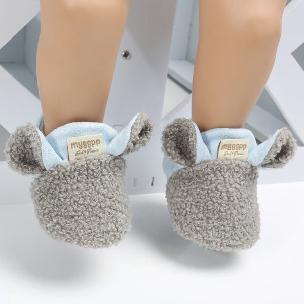 Baby Unisex Fur Animal Print Velcro Booties (Grey,Blue)-BT5057