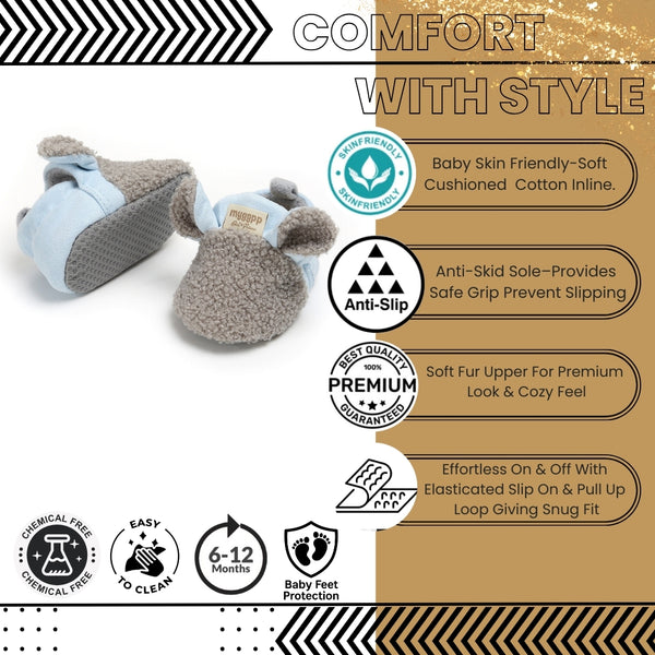 Baby Unisex Fur Animal Print Velcro Booties (Grey,Blue)-BT5057