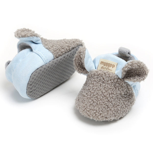 Baby Unisex Fur Animal Print Velcro Booties (Grey,Blue)-BT5057