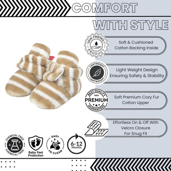 Baby Unisex Fur Striped Velcro Booties (Brown,White)-BT5073