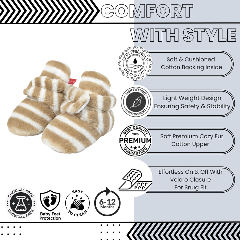Baby Unisex Fur Striped Velcro Booties (Brown,White)-BT5073