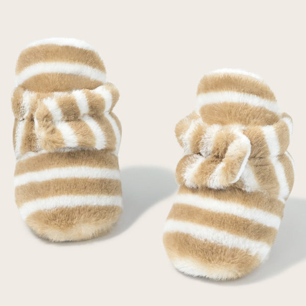 Baby Unisex Fur Striped Velcro Booties (Brown,White)-BT5073