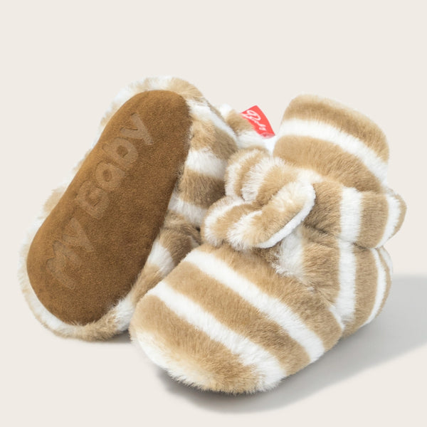 Baby Unisex Fur Striped Velcro Booties (Brown,White)-BT5073