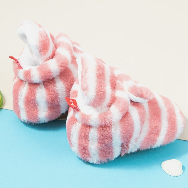Baby Unisex Fur Striped Velcro Booties (Red,White)-BT5074