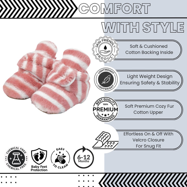 Baby Unisex Fur Striped Velcro Booties (Red,White)-BT5074
