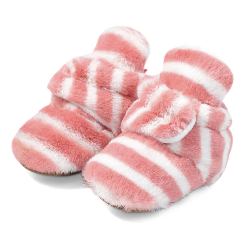 Baby Unisex Fur Striped Velcro Booties (Red,White)-BT5074
