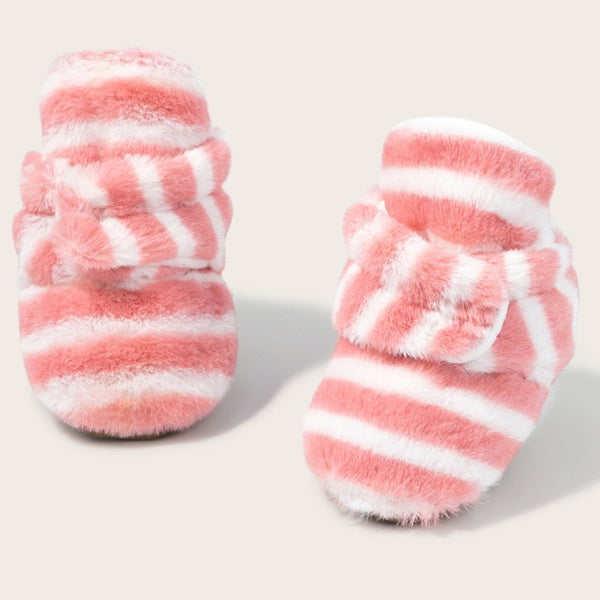Baby Unisex Fur Striped Velcro Booties (Red,White)-BT5074