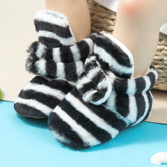 Baby Unisex Fur Striped Velcro Booties (Black,White)-BT5075