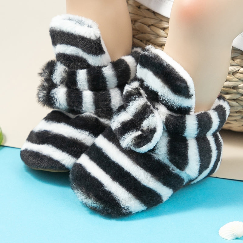 Baby Unisex Fur Striped Velcro Booties (Black,White)-BT5075