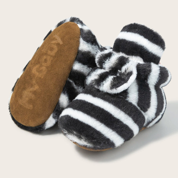 Baby Unisex Fur Striped Velcro Booties (Black,White)-BT5075
