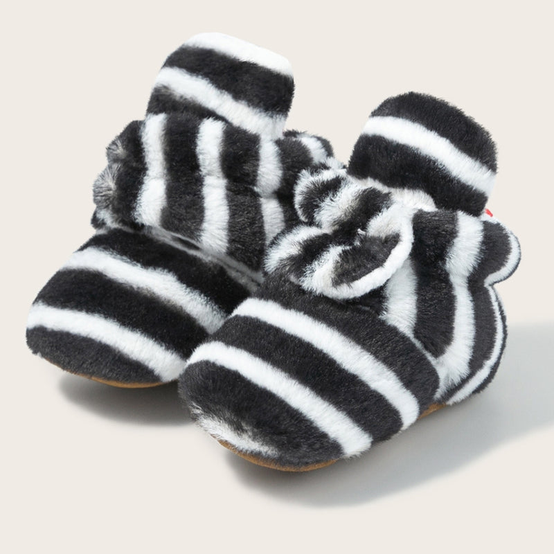 Baby Unisex Fur Striped Velcro Booties (Black,White)-BT5075