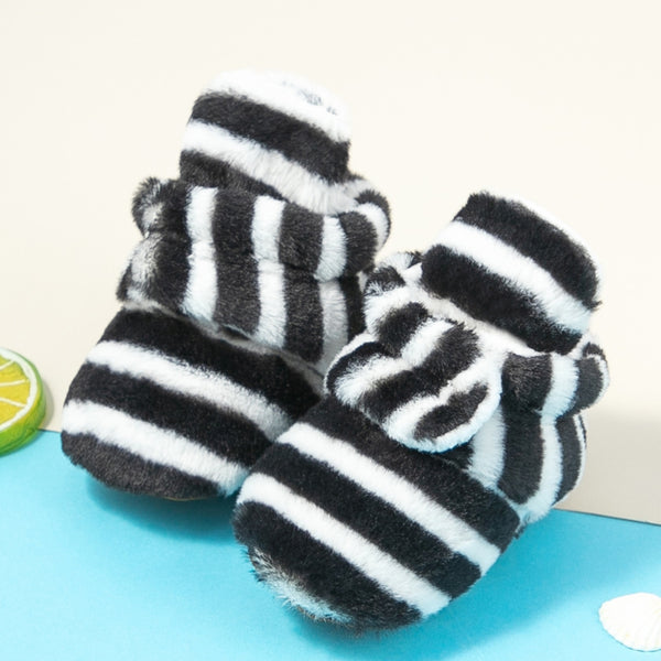 Baby Unisex Fur Striped Velcro Booties (Black,White)-BT5075