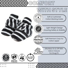 Baby Unisex Fur Striped Velcro Booties (Black,White)-BT5075