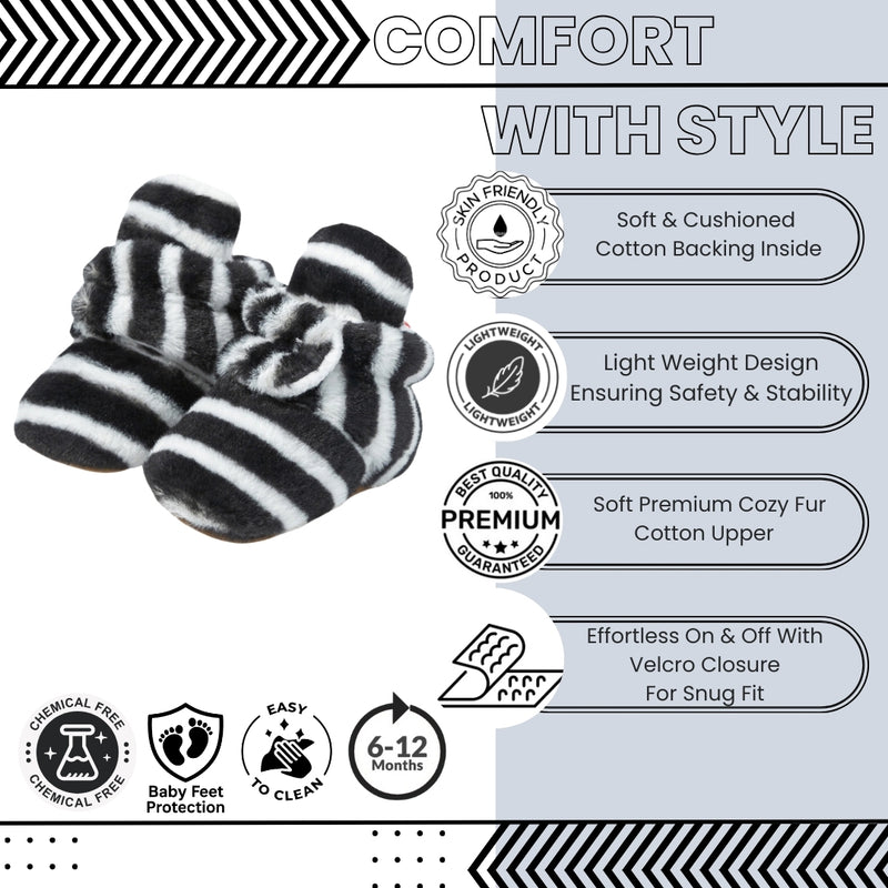 Baby Unisex Fur Striped Velcro Booties (Black,White)-BT5075